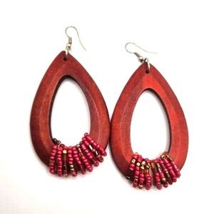 Red Stained Wooden Dangle Drop Earrings Seed Bead Wrapped Accents 3"
